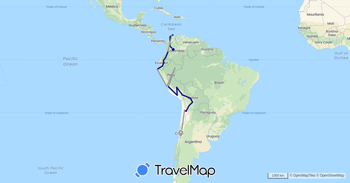 TravelMap itinerary: driving, plane in Bolivia, Chile, Colombia, Ecuador, Peru (South America)
